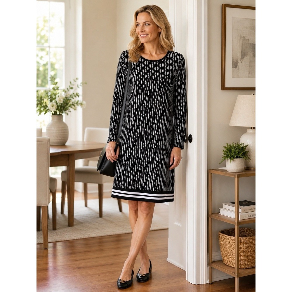 Michael Kors XL Black White Stripe Shift Dress Long Sleeve Back Zip Knee Length